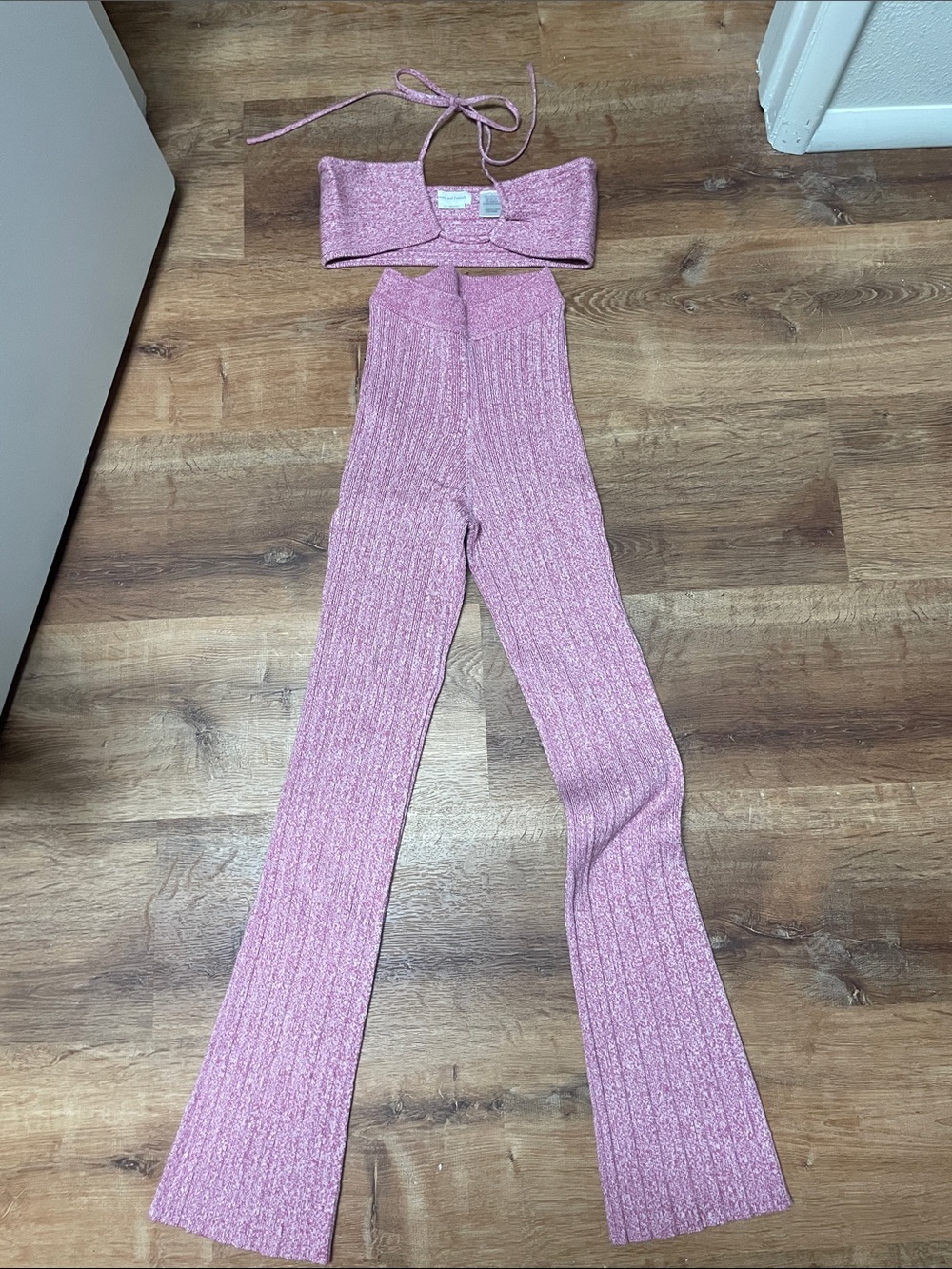 Lovers + Friends Pink Ribbed Knit Flare Pants